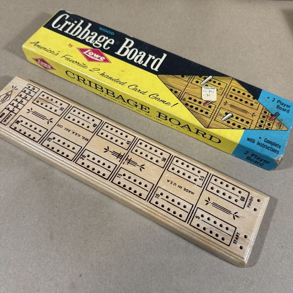 Vintage E.S. Lowe Wood 2-Player Cribbage Board 1503 Pegs Box No Instructions